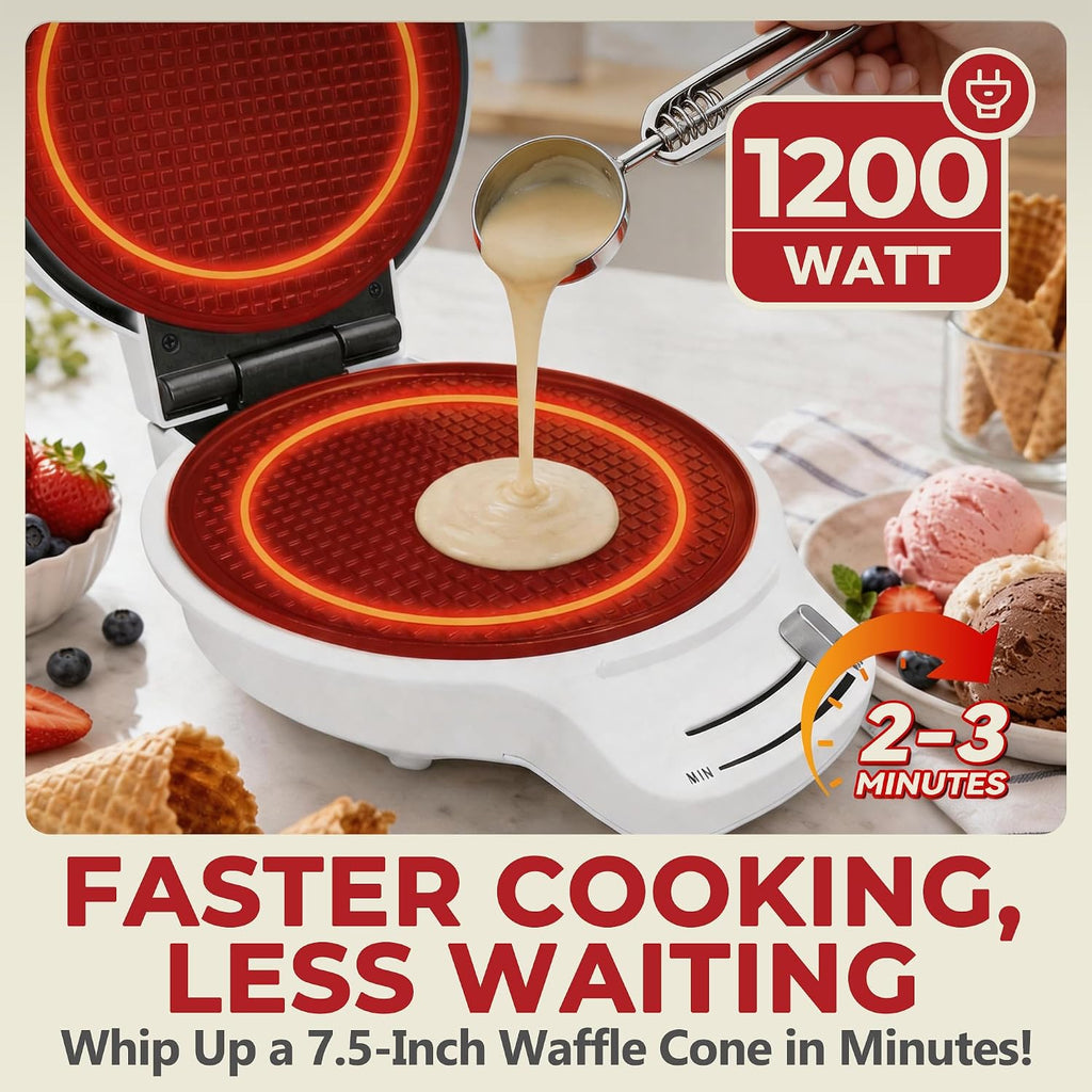 Ice Cream Cones Maker, Waffle Cone Maker Machine with Browning Control, 1200W Double Side Even Heating, 7.5" Nonstick