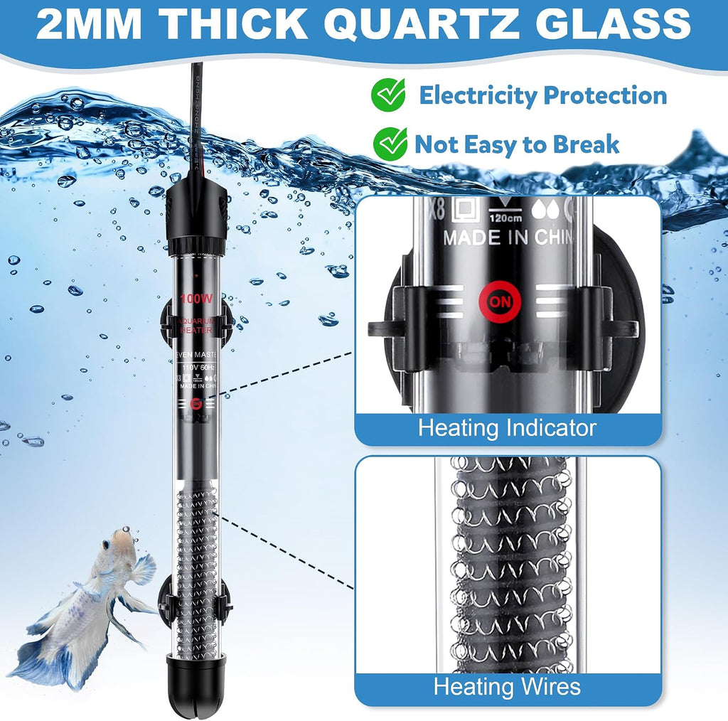 2 Set 100W Submersible Aquarium Heater with 4 Thermometer Stickers | Adjustable Aquarium Fish Tank Heater with