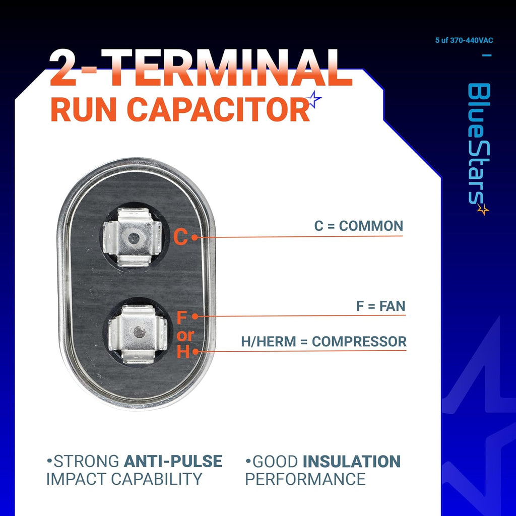 [2025 Upgraded] BlueStars 5 uF MFD ±5% 370-440VAC Oval Run Capacitor