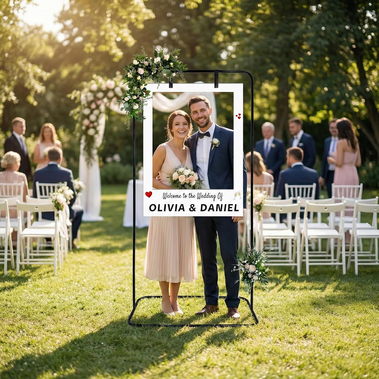 Black Large Wedding Welcome Sign Stand with DIY Blank Selfie Frame (40" x 30") - Customizable Photo Booth Prop for