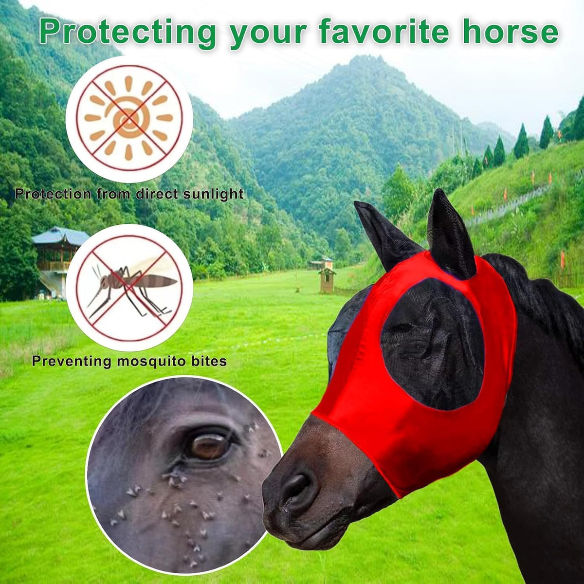 3 Pcs Horse Fly Mask - Fly Masks for Horses with Ears, Fashionable and Breathable Stretch Fabric with UV & Sun