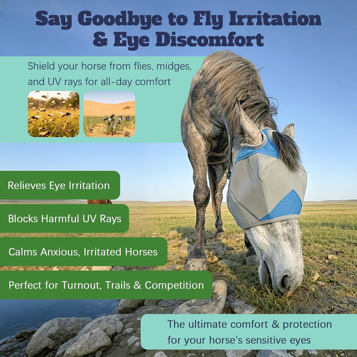 Horse Fly Mask Without Ears, Breathable Mesh UV Protection, Soft Fleece Trim, Adjustable Secure Fit, No Eye Rubbing