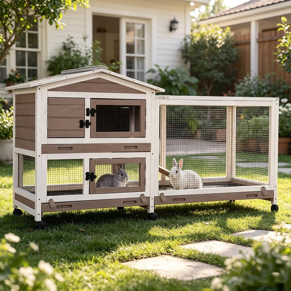 Rabbit Hutch with Chew-Resistant Ramp Indoor Bunny Cage Outdoor Guinea Pig Cage with Wheels and Leakproof Tray
