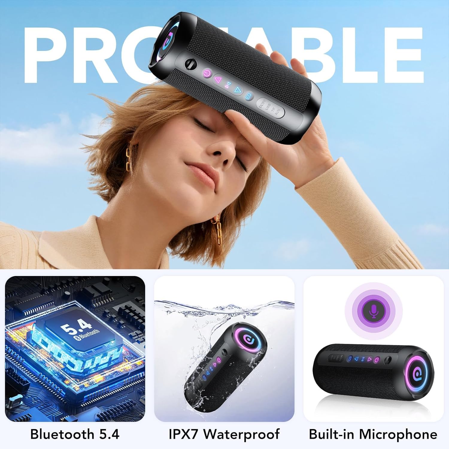 Portable Bluetooth Speaker, Bluetooth 5.4 Speaker, 30W Dual Speaker, 2.0 Channel, Deep Bass, 30H Playtime, Colorful