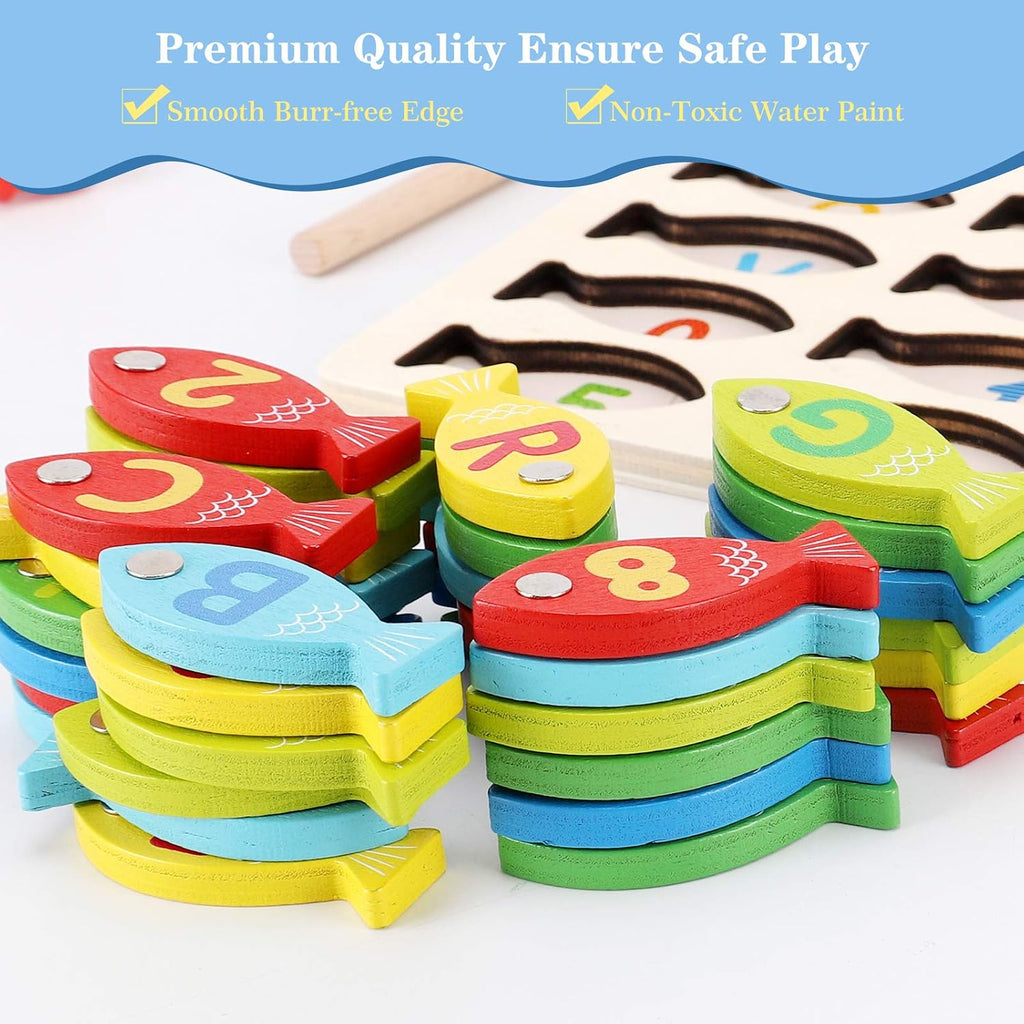 Magnetic Wooden Fishing Game Toy for Preschoolers, Alphabet Fish Catching Counting Games Puzzle with Numbers and