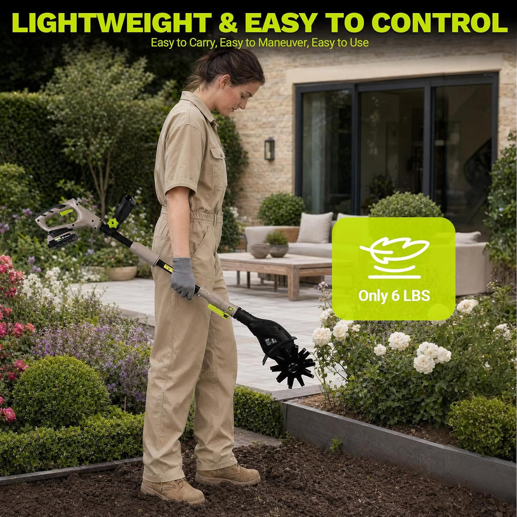 Cordless Tiller Cultivator for Gardening, 20V Electric Garden Tiller with Battery & Charger, Lightweight Battery