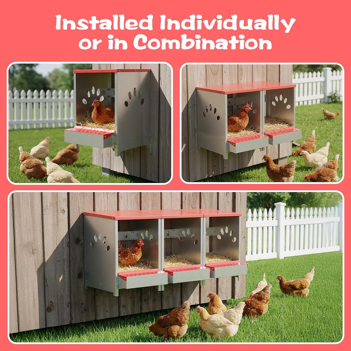Chicken Nesting Boxes 3 Hole, Large Metal Hen Laying Box with Swing Perch