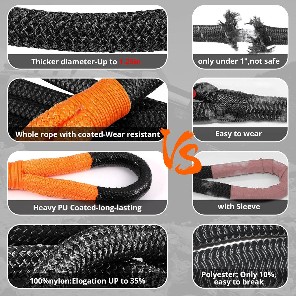 Kinetic Recovery Tow Rope: 1.26" x 30ft Snatch Strap with Soft Shackles Heavy Duty Offroad Towing Straps Kit for