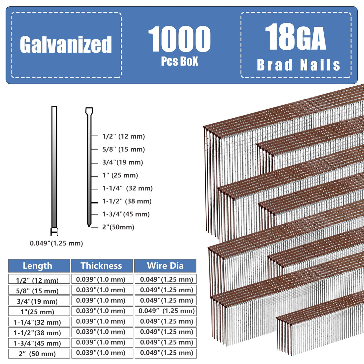 Galvanized 18 Gauge Brad Nails Brown T-head 3/4 Inch 1000-Pack