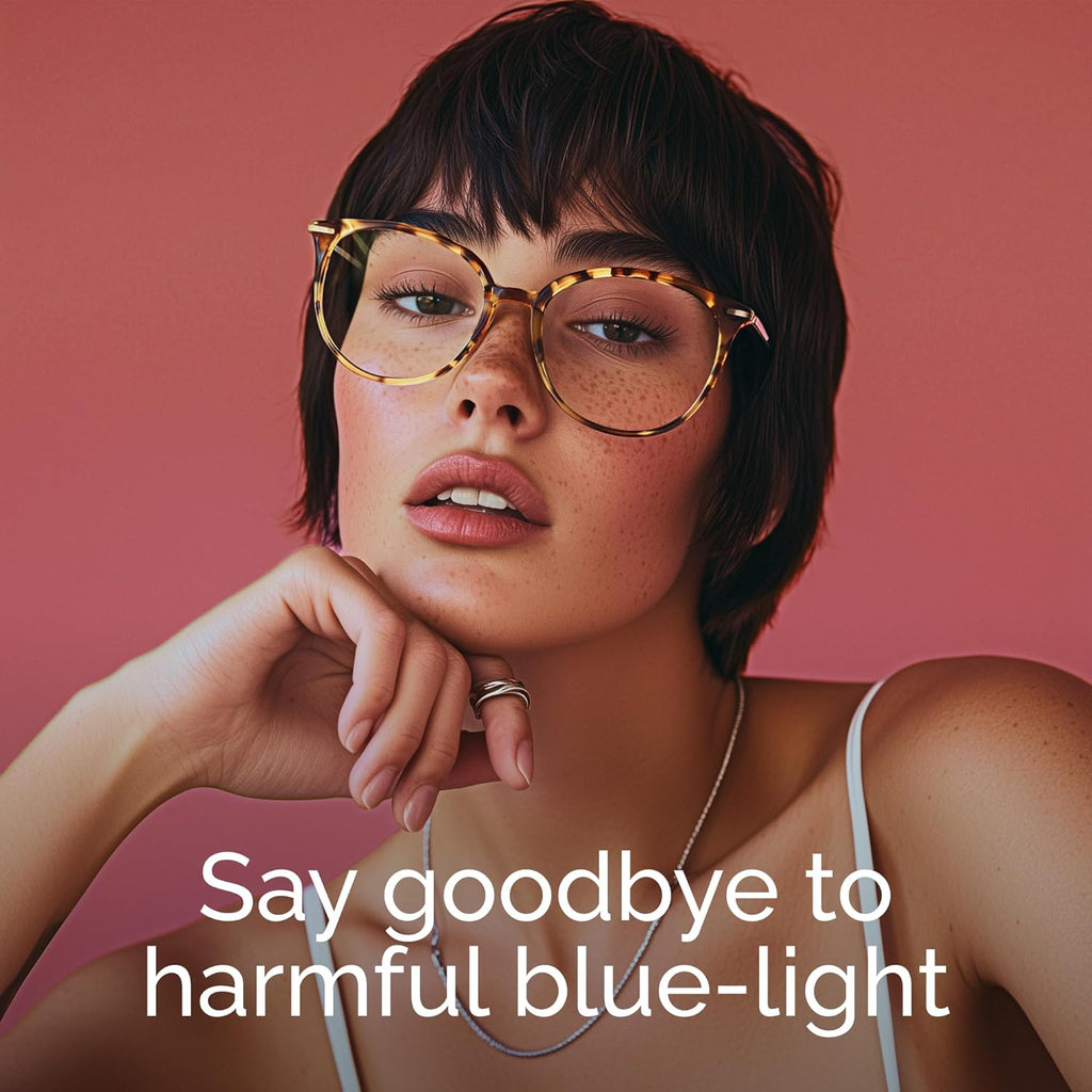 Round Blue Light Blocking Glasses | UV400 Protection, Round TR90 Frames, Metal Arms, Matching Soft Case, Tea Leopard