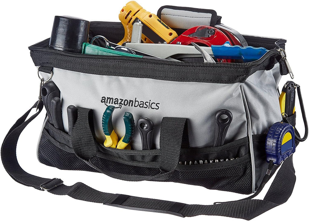 Durable Wear-Resistant Tool Storage Bag with Adjustable Shoulder Strap, Portable Tool Organizer, 16 in, Black & Grey