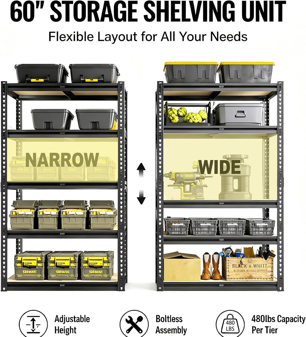 60" H Heavy Duty Storage Shelves, 2400LBS Capacity Metal Shelving Unit, Adjustable Garage Shelves & Organizer with