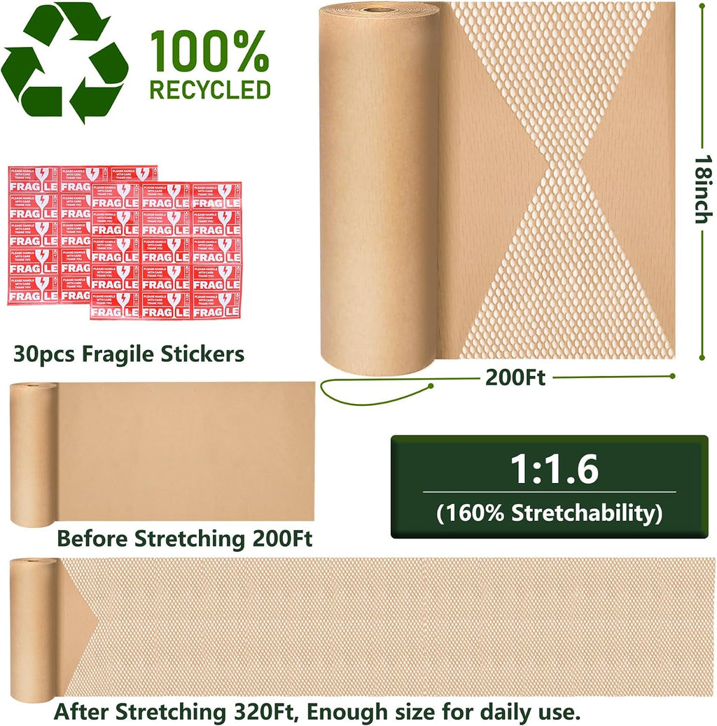 18" x 200ft Large Honeycomb Packing Paper Roll, Eco Friendly Bubble Cushioning Wrap Paper with 30 Fragile Stickers