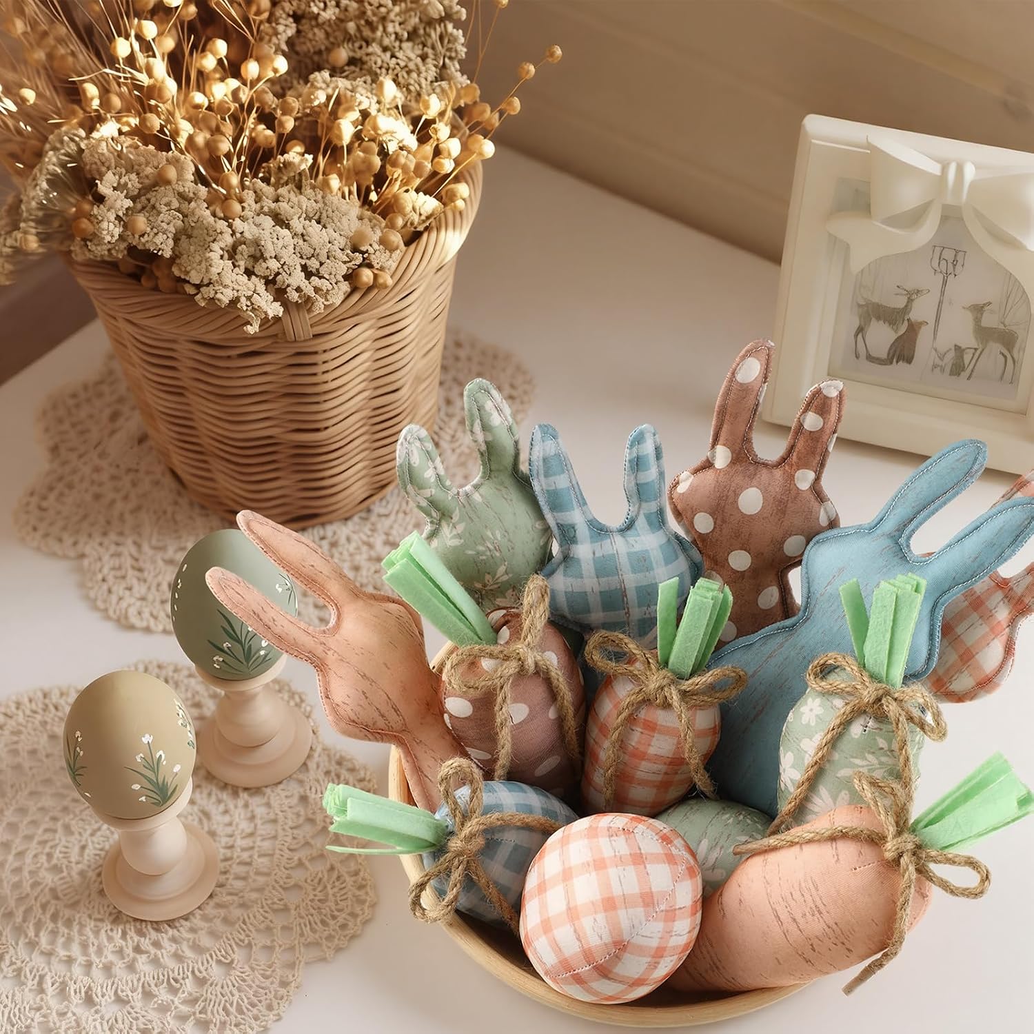 18 Pcs Rustic Easter Bunny Decorations Farmhouse Spring Fabric Bunnies Carrot Eggs Vase Filler Table Decor for Desk