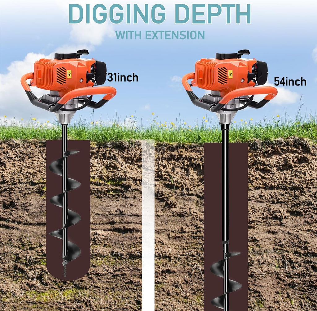 62cc Post Hole Digger Gas Powered Earth Auger Digger | 3 Drill Bit 3" & 5" & 8" and 3 Extension Rods 24" 24" 24" for