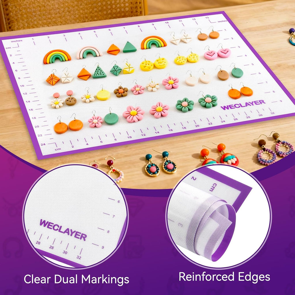 Clay Roller with Thickness Rings and 16" x 12" Silicone Clay Mat with Measurement,Oven-Safe Work Mat with