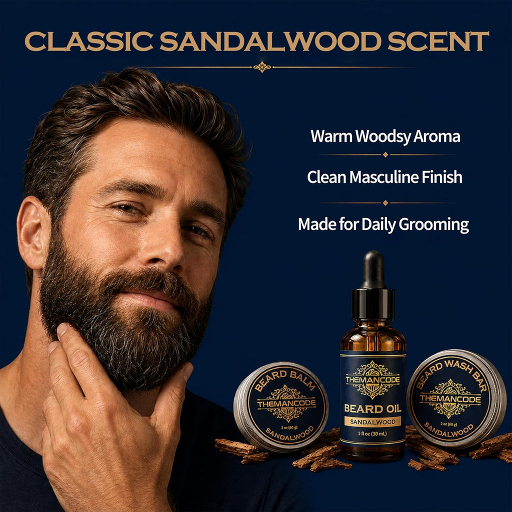 Beard Grooming Kit for Men, Fathers Day Gift for Dad and Husband, Sandalwood Beard Care Kit with Oil, Balm, Wash Bar