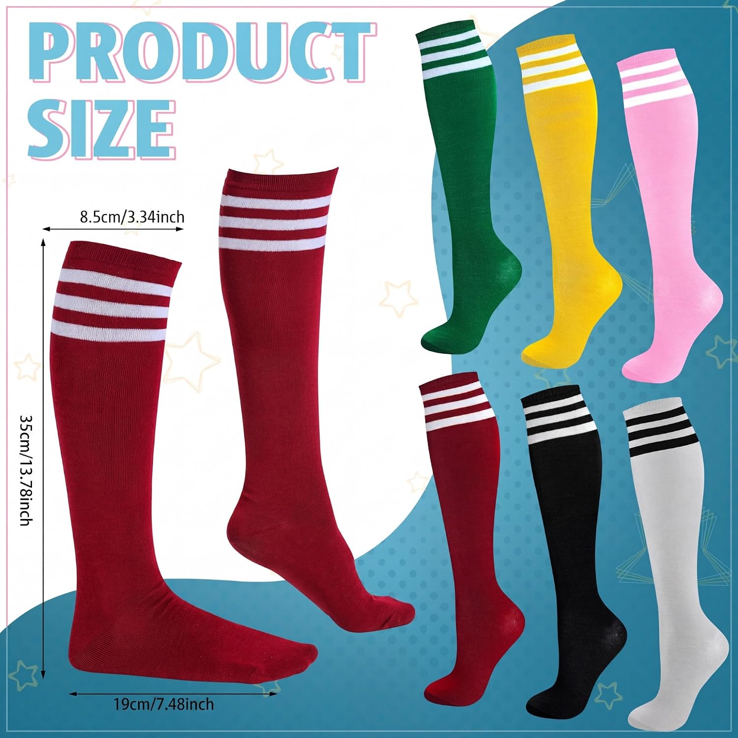 6 Pairs Knee High Socks for Women Uniform Team Outfit, Multicolor | Athletic Long Tube Socks with Colorful Stripes