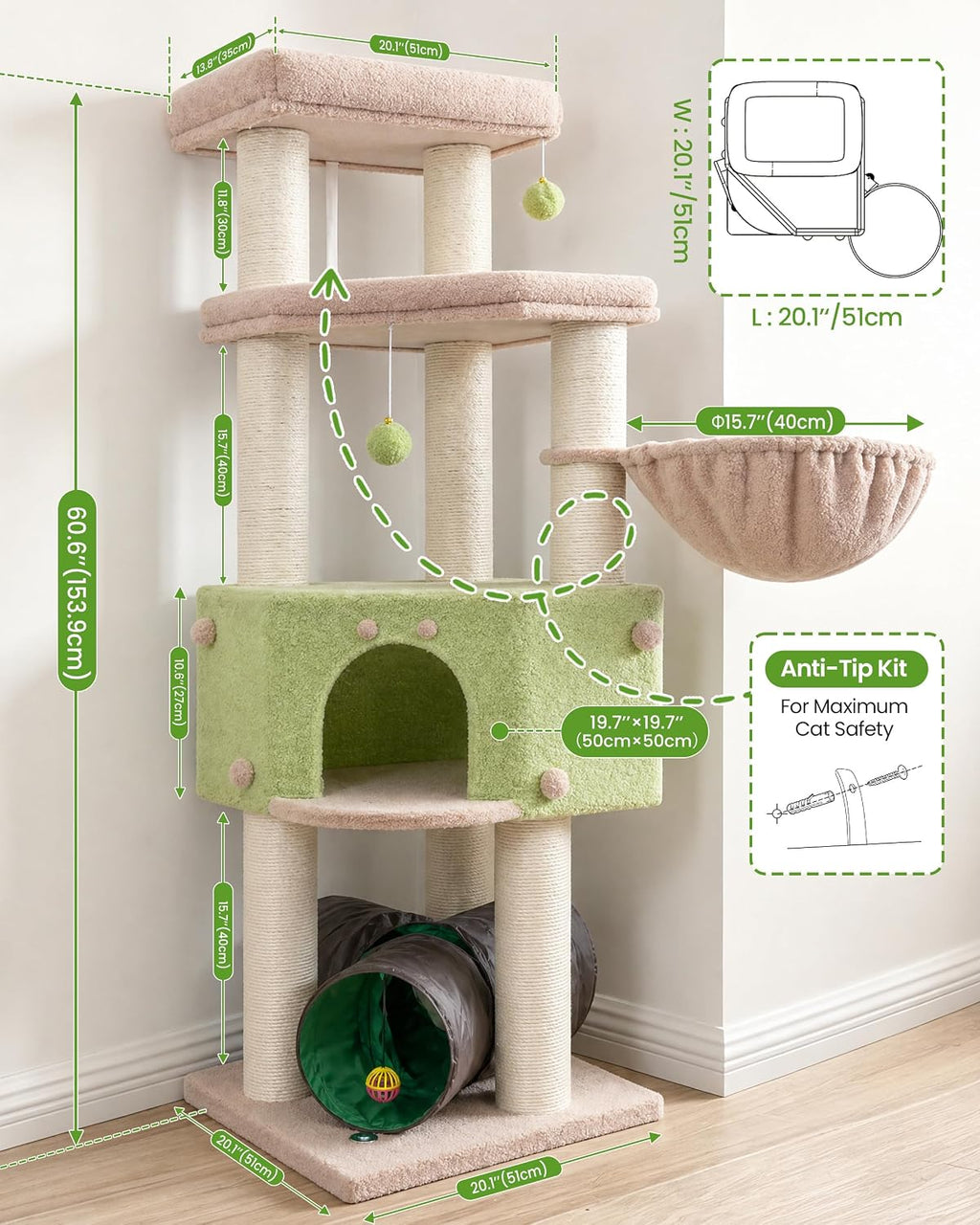 Cat Tree Tower for Large Cats Adult - 60 Inch XXL Sturdy Heavy Duty Extra Wide Scratching Posts (φ4.4in) Condo