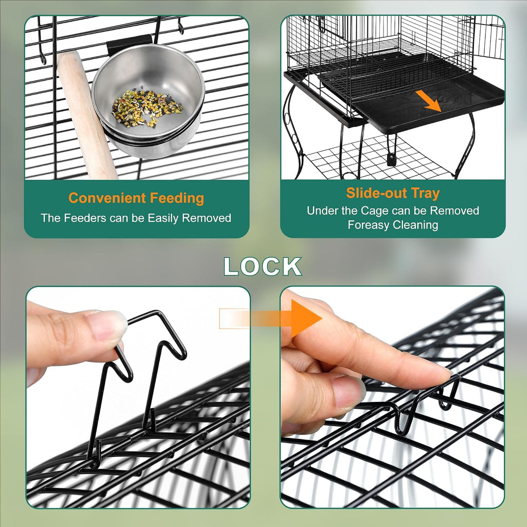 63.5 Inch Open-Top Birdcage, Wrought Iron Bird Cage with Slide-Out Tray + Detachable Rolling Stand, Pet Parrot Cage