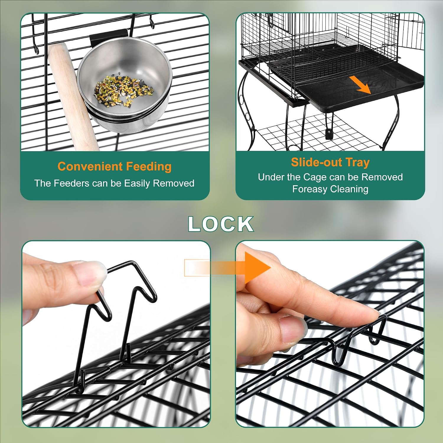 63.5 Inch Open-Top Birdcage, Wrought Iron Bird Cage with Slide-Out Tray + Detachable Rolling Stand, Pet Parrot Cage
