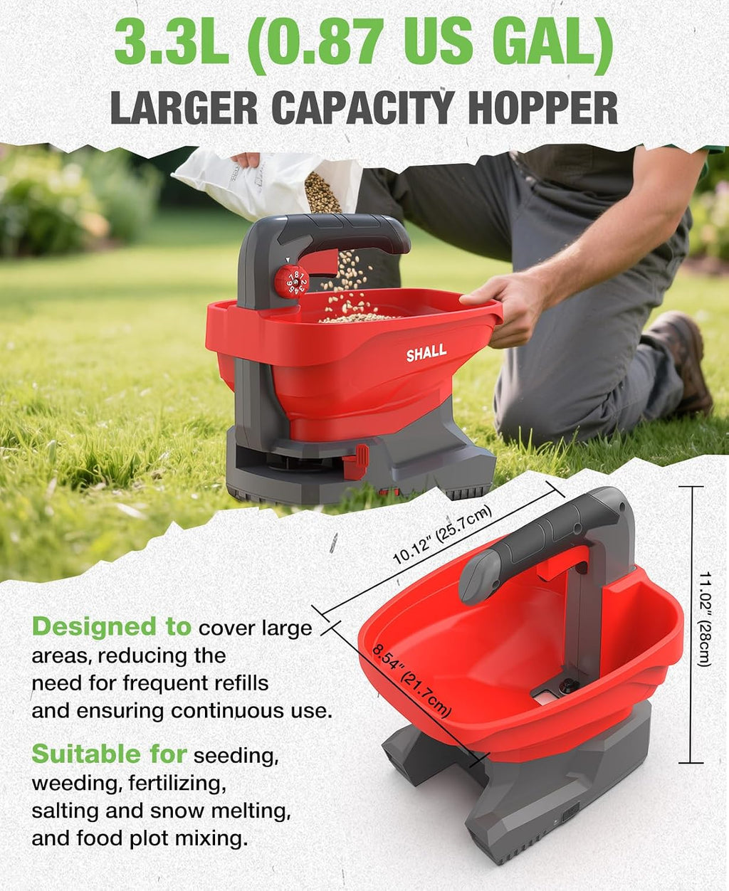 Battery Powered Fertilizer Spreader, 7.2V Rechargeable Seed Spreader for Salt, De-Icer, Earth Food, Grass Seed