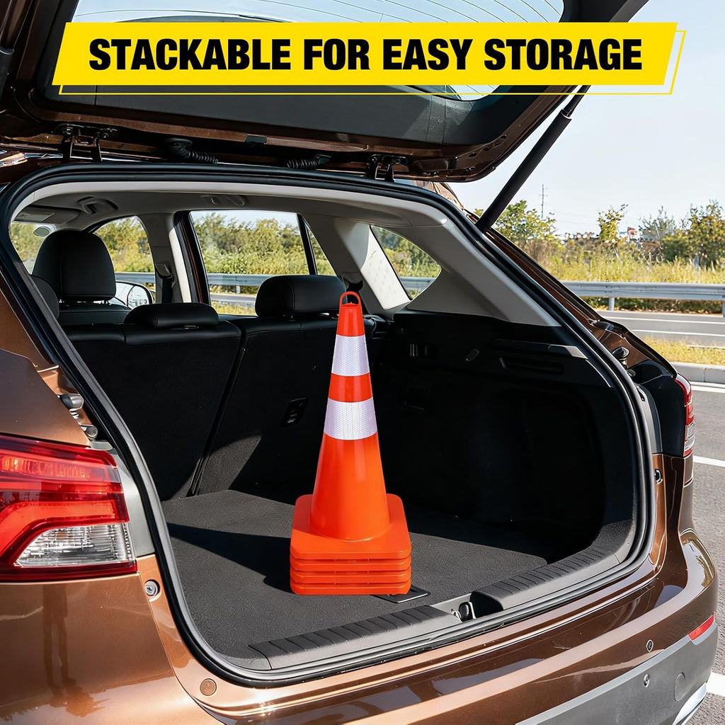 28 Inch PVC Traffic Safety Cones, 4-Pack | Flexible PVC Construction, With Reflective Collars, Ideal for Road Safety