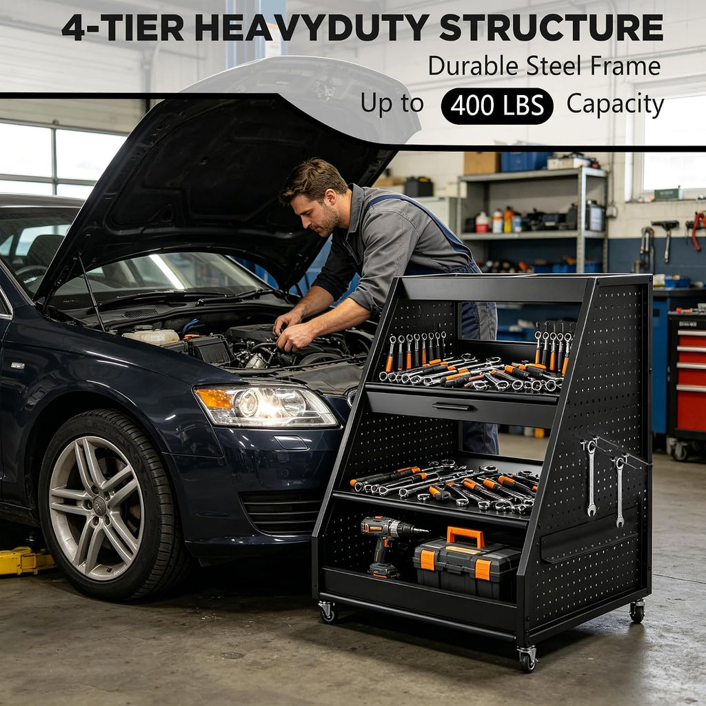 4-Tier Heavy Duty Rolling Tool Cart with Pegboard & Sliding Tray, 440 LBS Load Capacity Steel Utility Cart on