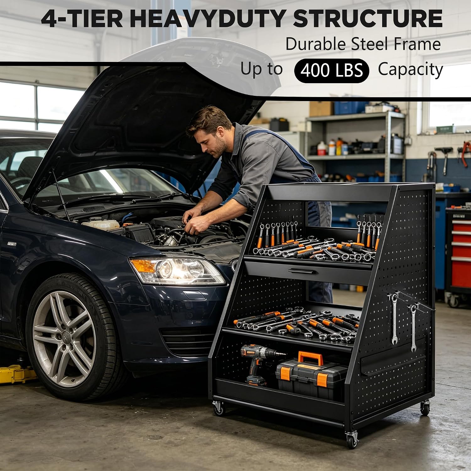 4-Tier Heavy Duty Rolling Tool Cart with Pegboard & Sliding Tray, 440 LBS Load Capacity Steel Utility Cart on