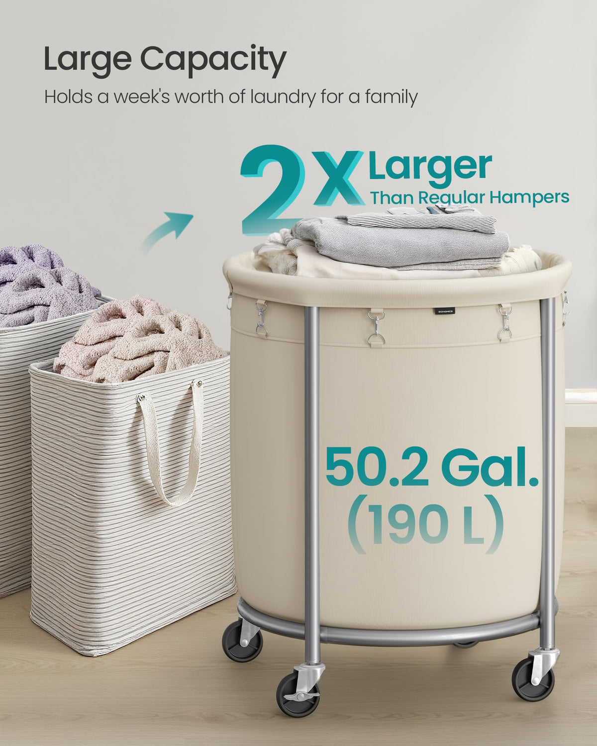 Laundry Basket with Wheels,190L, Steel Frame, Removable Bag