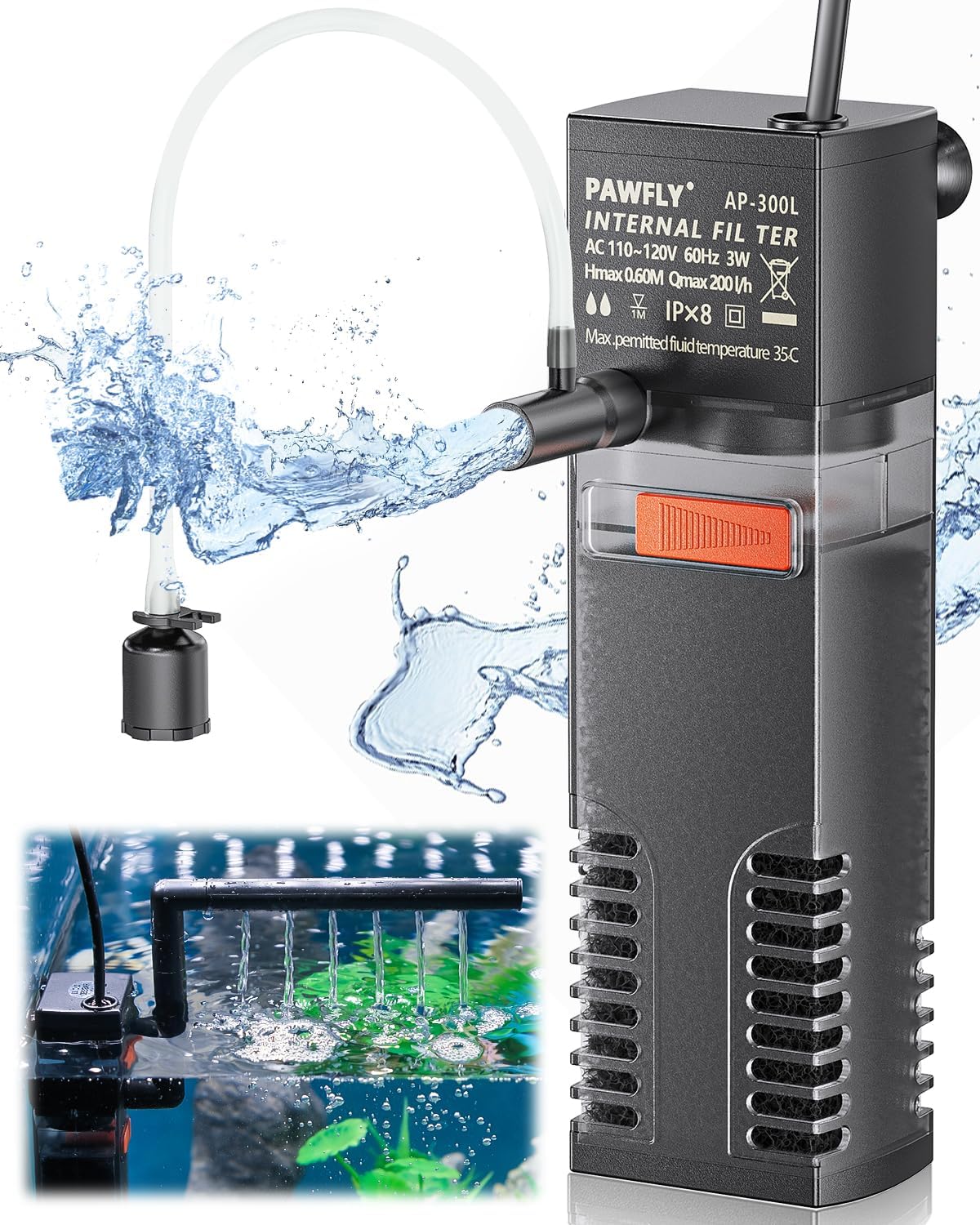 Internal Aquarium Filter, Submersible Power Filter with 55 GPH Water Pump for 3 to 10 Gallon Fish Tanks Filtration