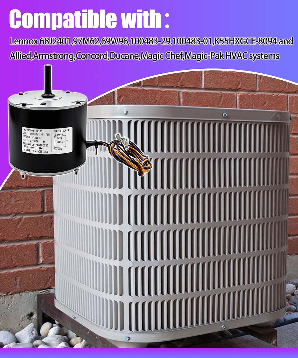 68J24 Condenser Fan Motor Fits for Lennox 68J2401,97M62,69W96,100483-29,100483-01,K55HXGCE-8094, (208-230V,1/3 HP,1Ph,60HZ,1075 RPM)