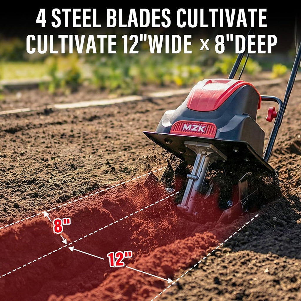 12-Inch 10.5A Electric Tiller Cultivator,8-Inch Depth | Lightweight corded rototiller for soil digging, garden beds
