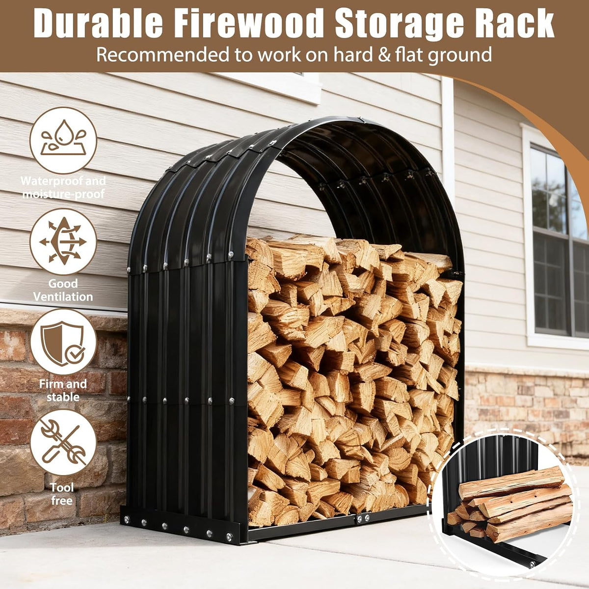Heavy-Duty Black Firewood Storage Shed with Round Roof Outdoor/Indoor | Smooth Surface Painted,Rainproof and