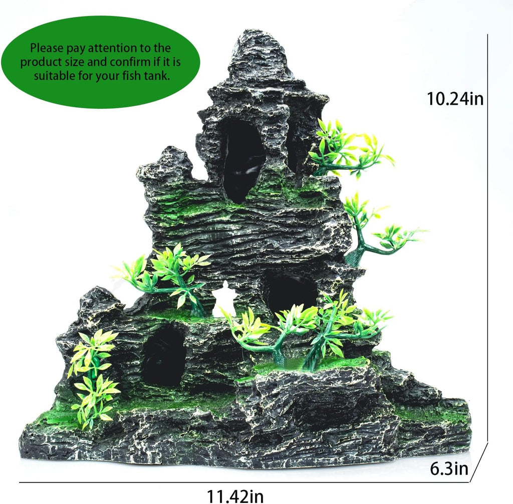 Large Aquarium Decor - Fish Tank Decorations with Mountain View Stone Ornament, Ideal for Betta, Snails, Turtle