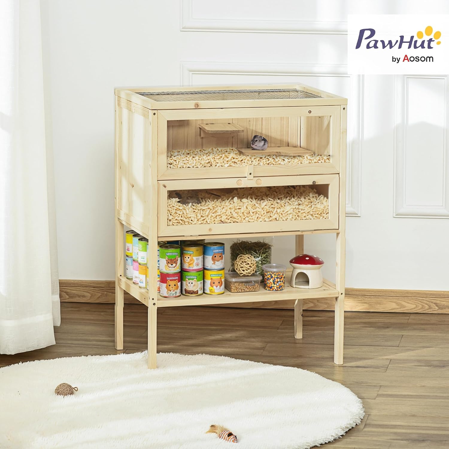 3-Tier Wooden Hamster Cage Mice and Rat Cage Small Animals Hutch with Openable Top, Front Door, Storage Shelf