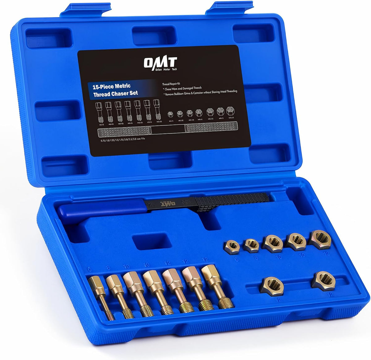 OMT Metric Thread Chaser Set, 15 pc Rethreading Tool Kit for M6 M8 M10 M12