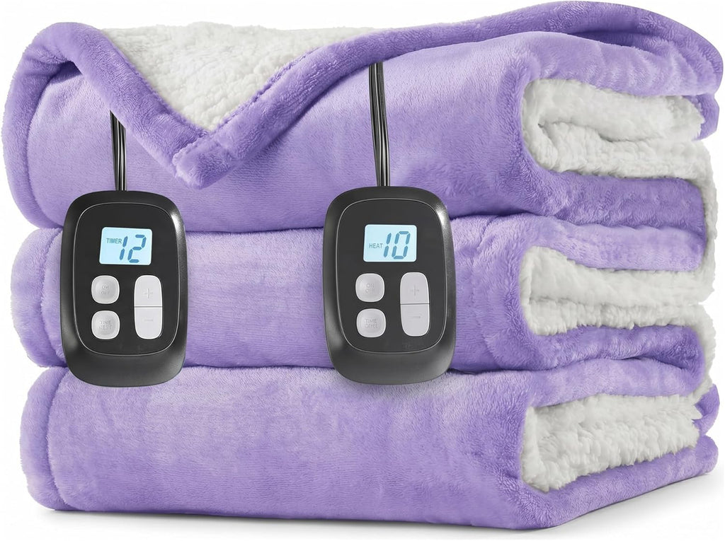 Electric Heated Blanket King Size 90 x 100, Dual Control, Fast Heating Blanket, Dual-Sided Flannel Sherpa, 10 Heat