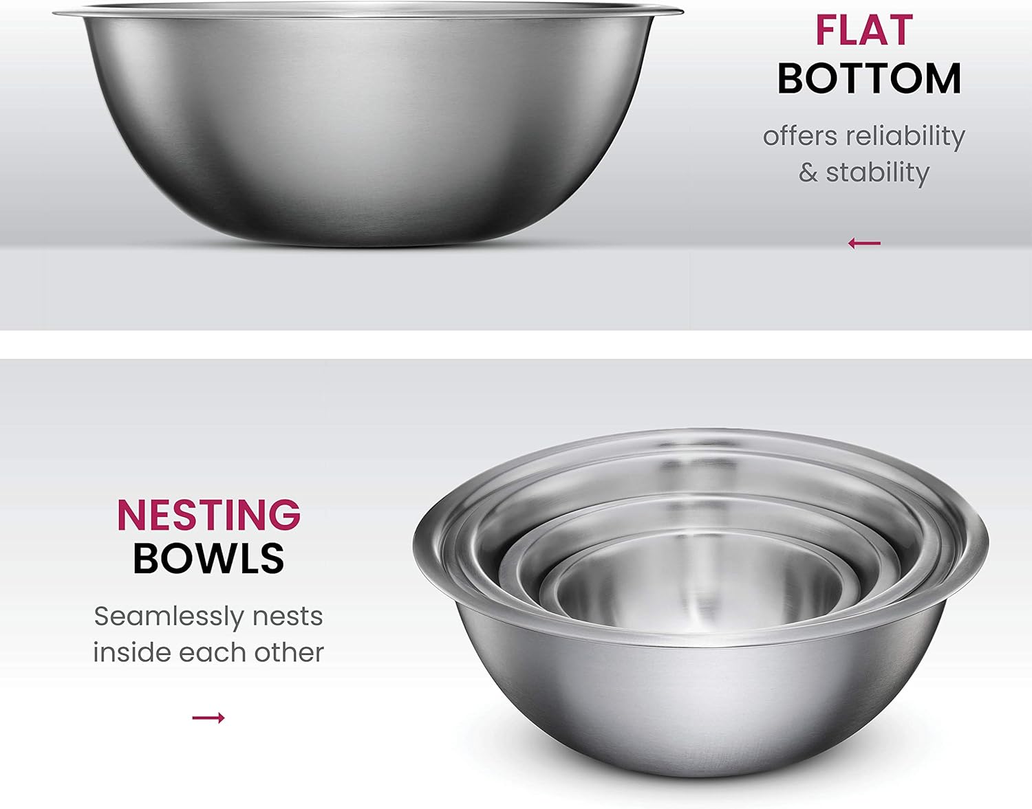 Stainless Steel Mixing Bowls Set, Dishwasher Safe, 6 Piece Metal Mixing Bowls For Kitchen, Nesting, Large, Small, Big