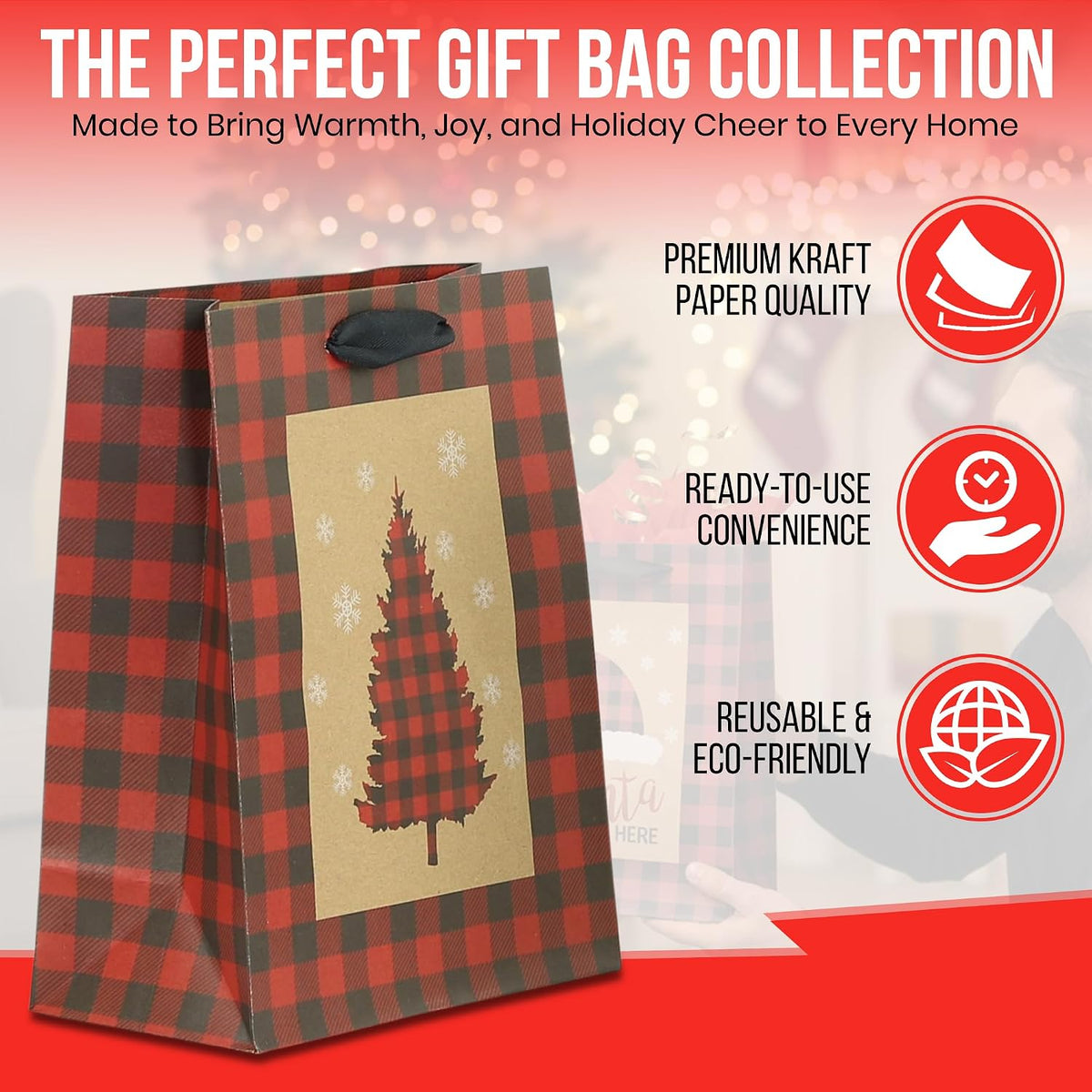 24-Pack Rustic Kraft Buffalo Plaid Christmas Gift Bags 3 Sizes: