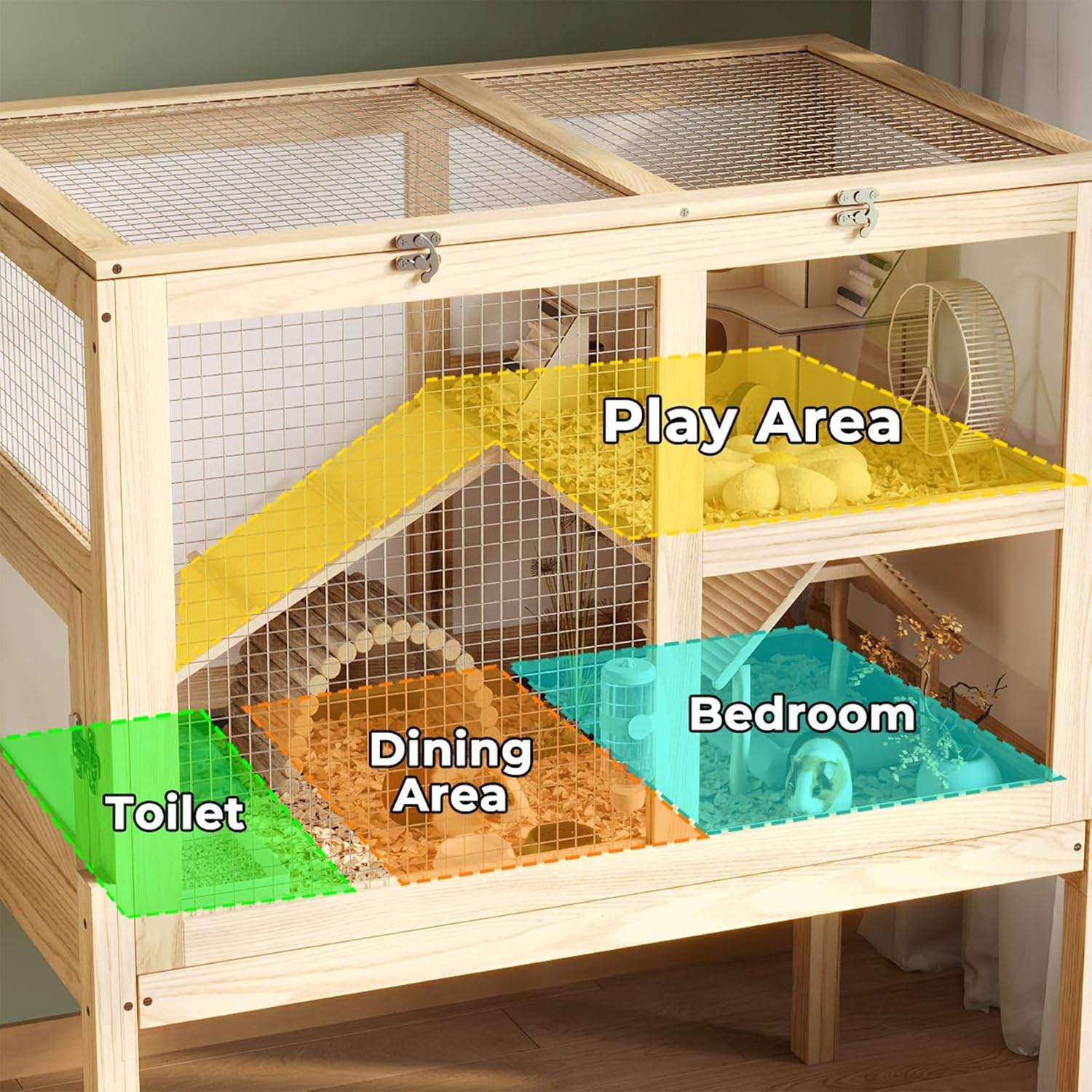 Guinea Pig Cages for 2, Rabbit Hamster Cage with Wooden Stand | 2-Story Large Indoor Small Animal House with a Pull