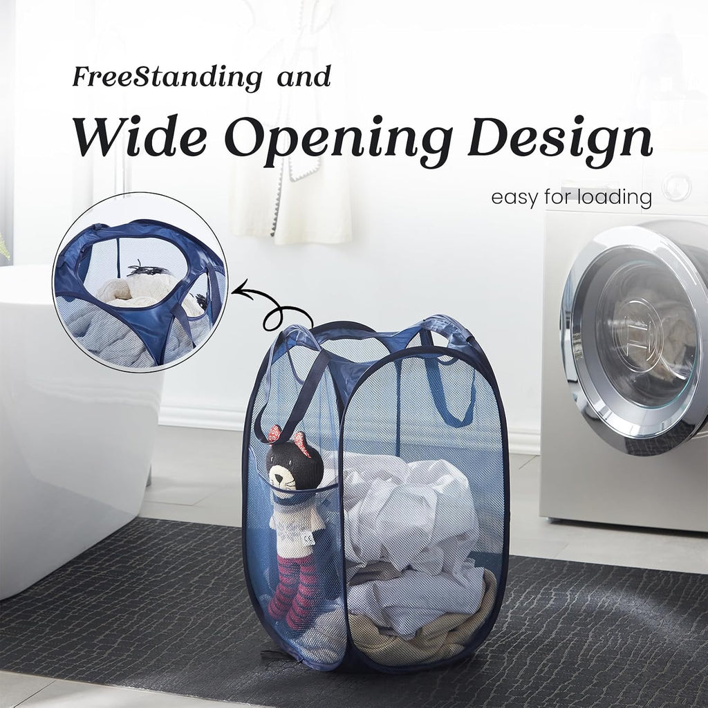 Collapsible Mesh Laundry Basket with Side Pocket & Sturdy Handles | 60L, breathable and quick-drying, pops up
