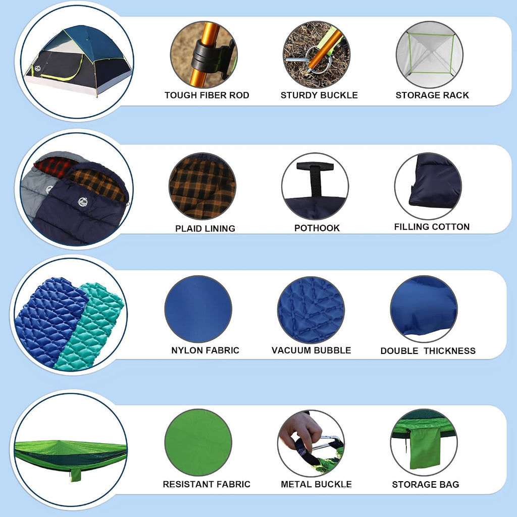 9PCS Camping Tent Kit, Including 1 2/3 Person Dome Tent, 2 Sleeping Bag, 2 Sleeping Pad/Camping Mat, 2 Single Camping