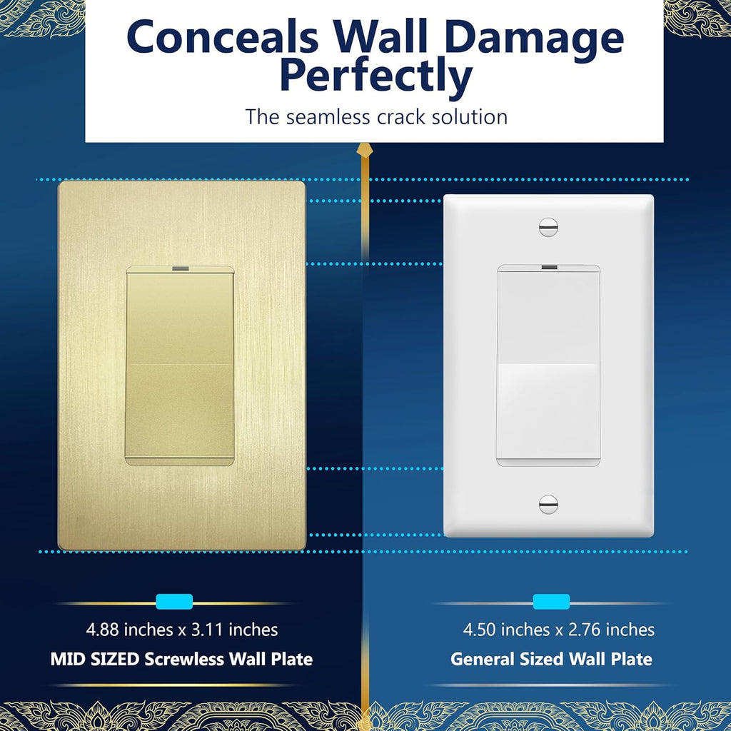 Decorator Switch Cover, Screwless Wall Plate, Brushed Gold | Mid-Size 1-Gang 4.88" x 3.11, Polycarbonate