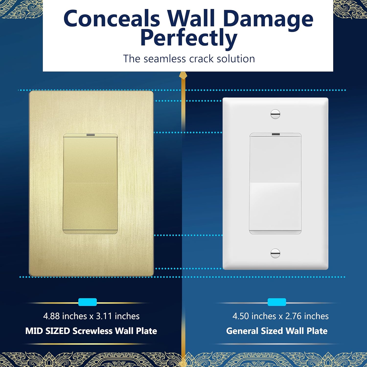 Decorator Switch Cover, Screwless Wall Plate, Brushed Gold | Mid-Size 1-Gang 4.88" x 3.11, Polycarbonate