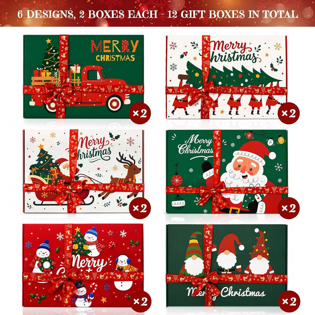 12 Christmas Gift Boxes with Lids, Holiday Present Boxes for Shirts