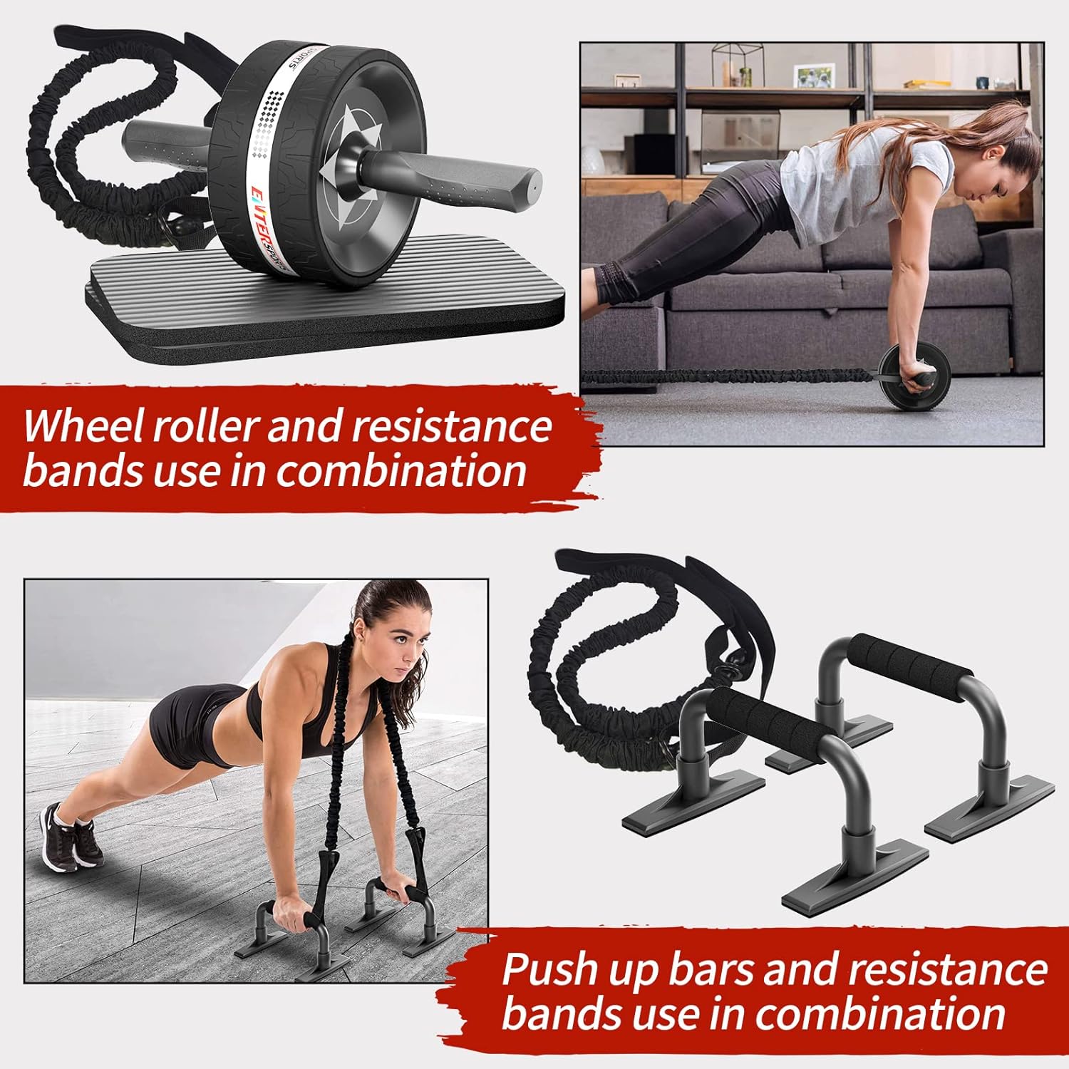 Ab Rollers Wheel Kit, Exercise Wheel Core Strength Training Abdominal Roller Set with Push Up Bars, Resistance Bands