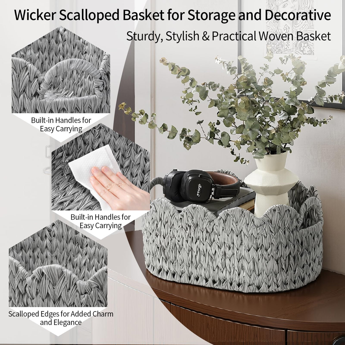 Set of 2 Scalloped Baskets, Small Wicker Baskets for Gifts, Grey