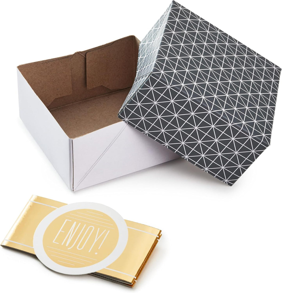 Small Gift Boxes with Wrap Band (2-Pack: Gray Geometric, Gold "Enjoy!") 4 inch Boxes for Weddings, Graduations