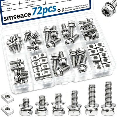 72Pack Battery Terminal Bolts and Nuts 6-Sizes M5x10/12/14&M6x16/18/20mm 304 Stainless Steel Motorcycle Battery Bolts